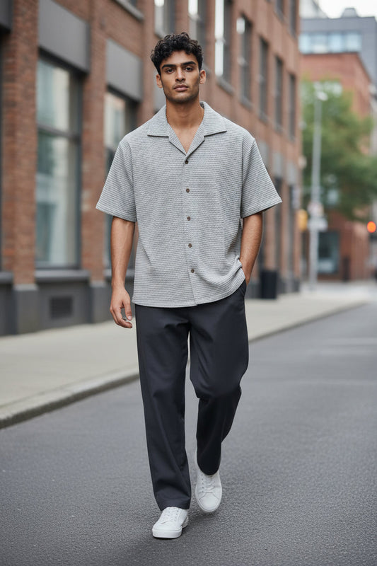 Pegador Branded Men’s Grey Textured Short Sleeve Button-Down Shirt